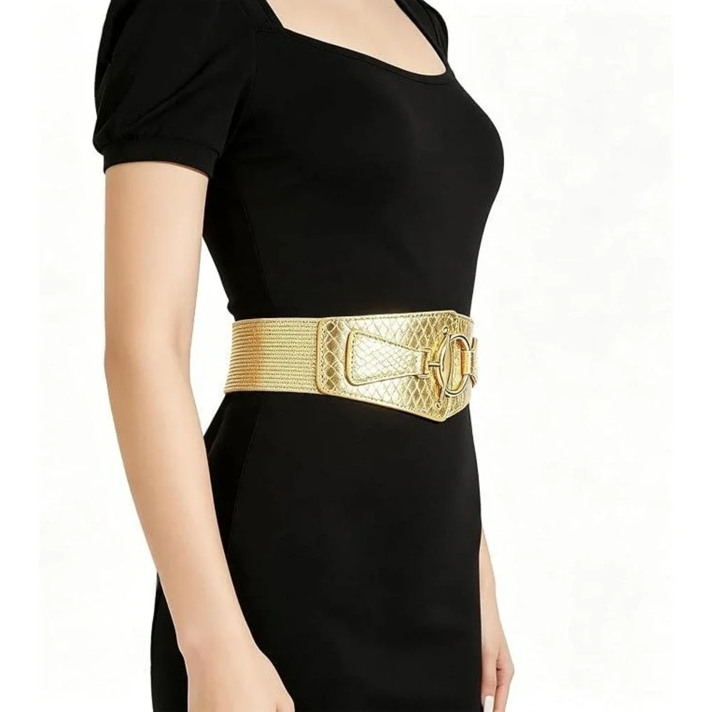 RMMVJJ Women's S Gold Glitter Wide Waist Belt Stretch Elastic Dress Belt Fashion